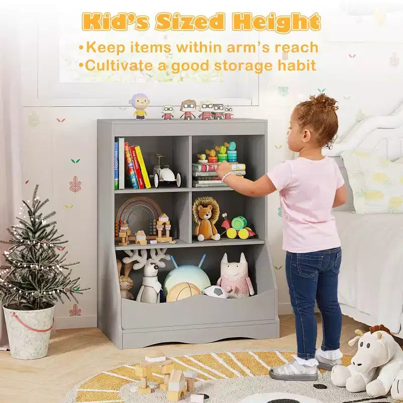 3-Tier Children's Multi-Functional Bookcase Toy Storage Bin Floor Cabinet Gray/White/Natural