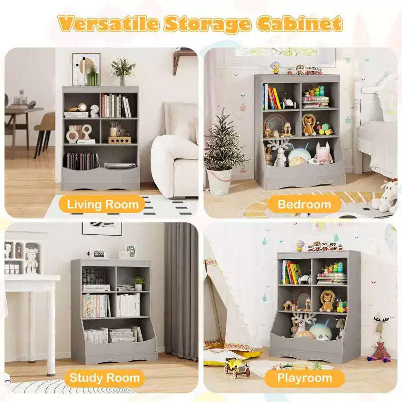 3-Tier Children's Multi-Functional Bookcase Toy Storage Bin Floor Cabinet Gray/White/Natural