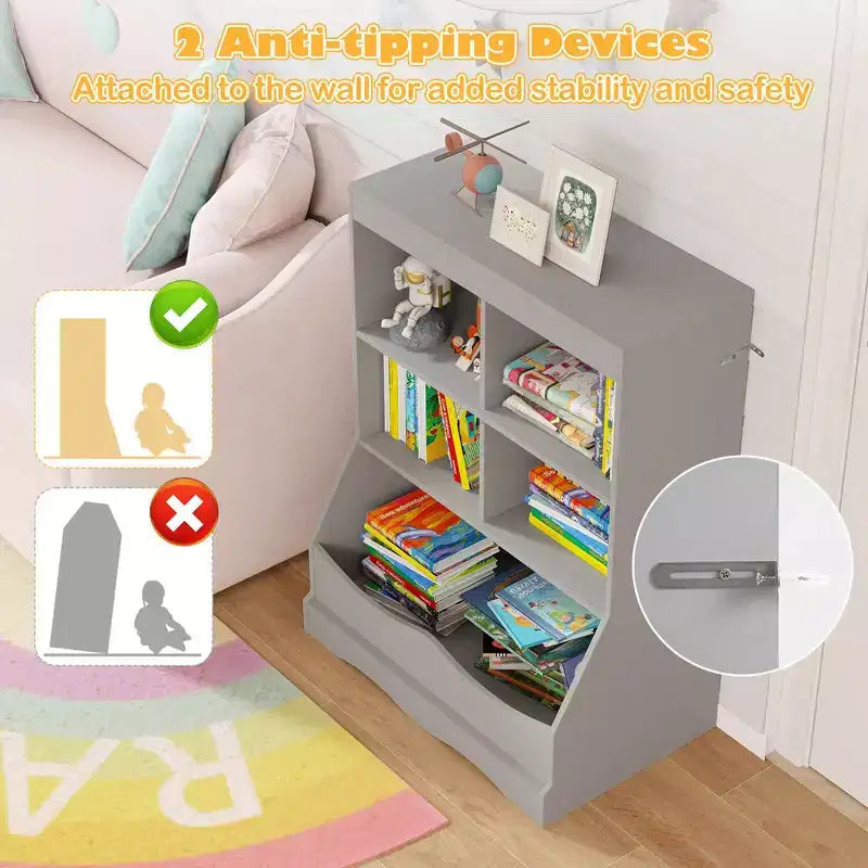 3-Tier Children's Multi-Functional Bookcase Toy Storage Bin Floor Cabinet Gray/White/Natural
