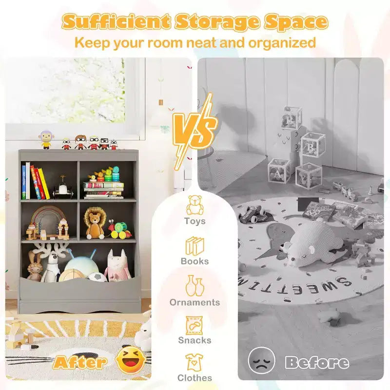 3-Tier Children's Multi-Functional Bookcase Toy Storage Bin Floor Cabinet Gray/White/Natural
