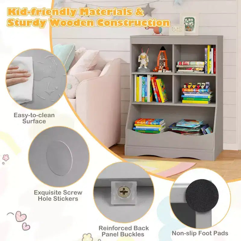 3-Tier Children's Multi-Functional Bookcase Toy Storage Bin Floor Cabinet Gray/White/Natural
