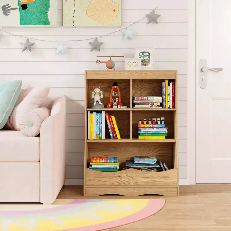 3-Tier Children's Multi-Functional Bookcase Toy Storage Bin Floor Cabinet Gray/White/Natural