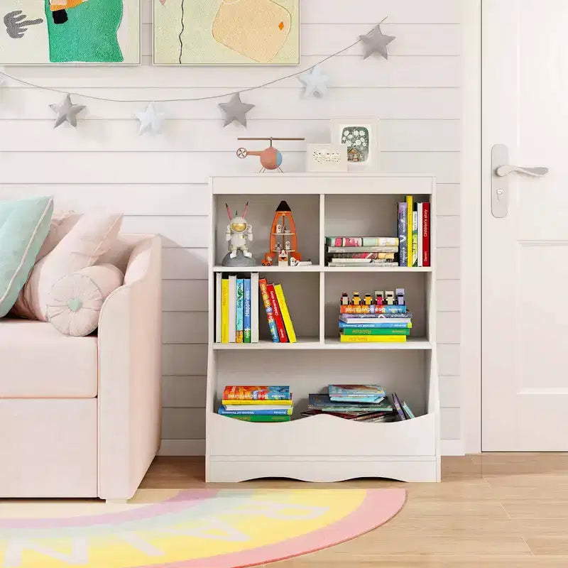 3-Tier Children's Multi-Functional Bookcase Toy Storage Bin Floor Cabinet Gray/White/Natural