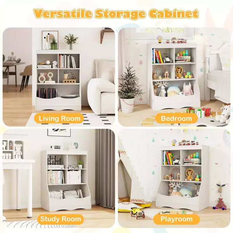 3-Tier Children's Multi-Functional Bookcase Toy Storage Bin Floor Cabinet Gray/White/Natural