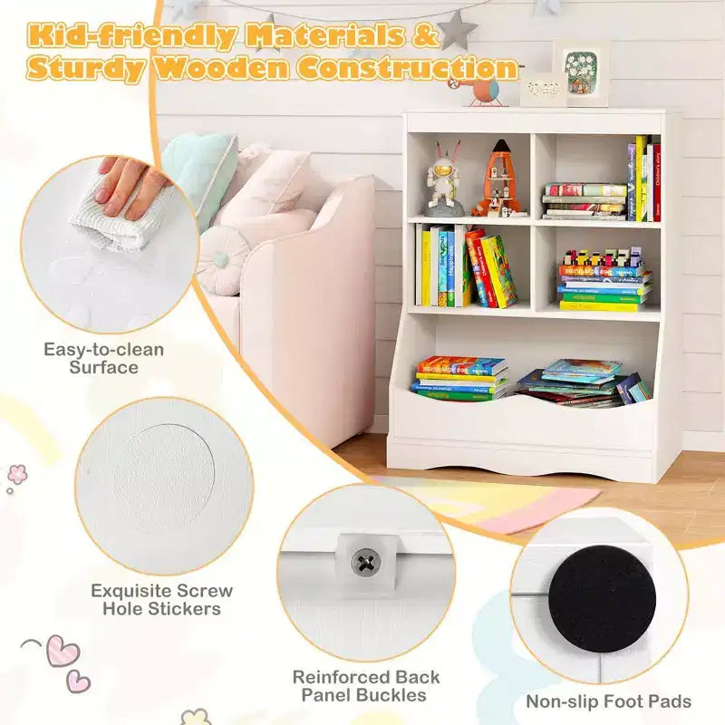 3-Tier Children's Multi-Functional Bookcase Toy Storage Bin Floor Cabinet Gray/White/Natural