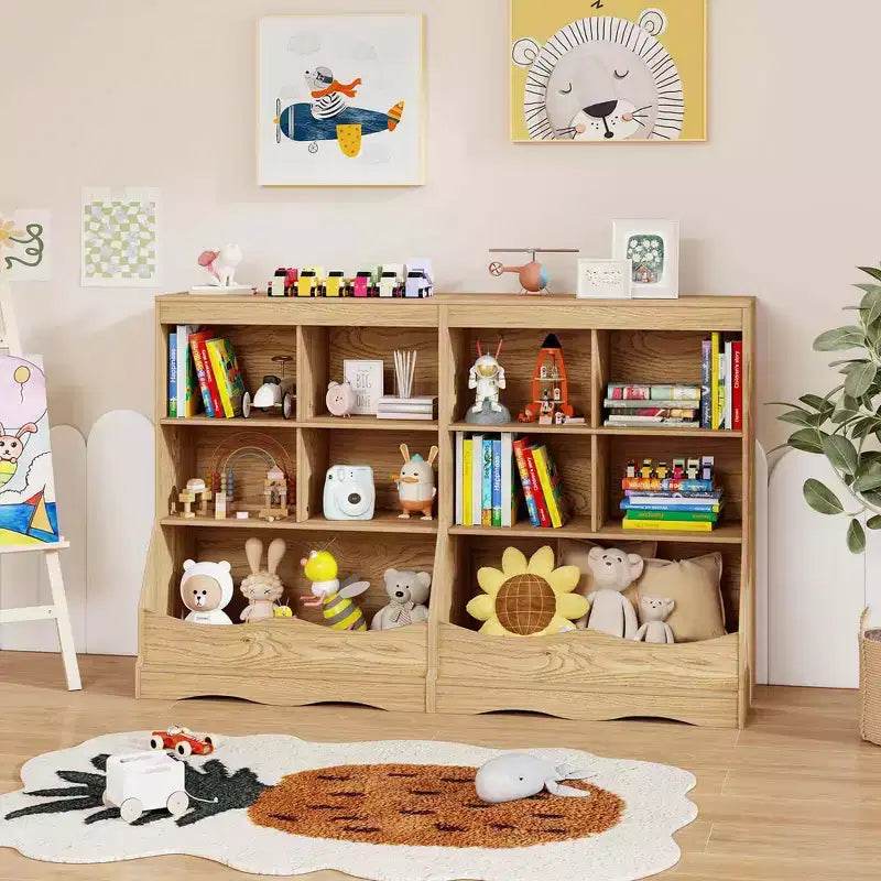 3-Tier Children's Multi-Functional Bookcase Toy Storage Bin Floor Cabinet Gray/White/Natural