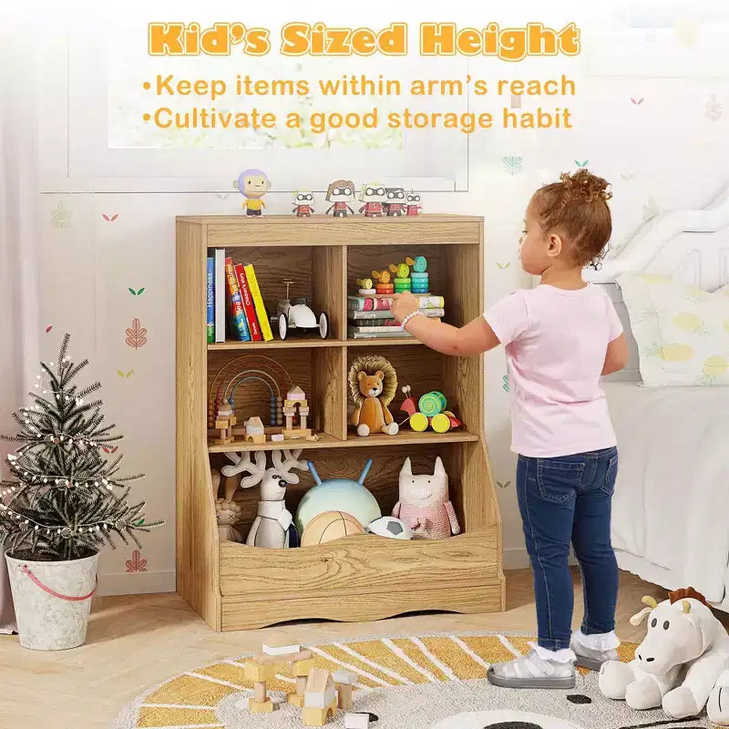 3-Tier Children's Multi-Functional Bookcase Toy Storage Bin Floor Cabinet Gray/White/Natural