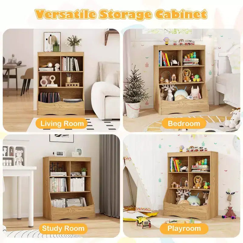 3-Tier Children's Multi-Functional Bookcase Toy Storage Bin Floor Cabinet Gray/White/Natural