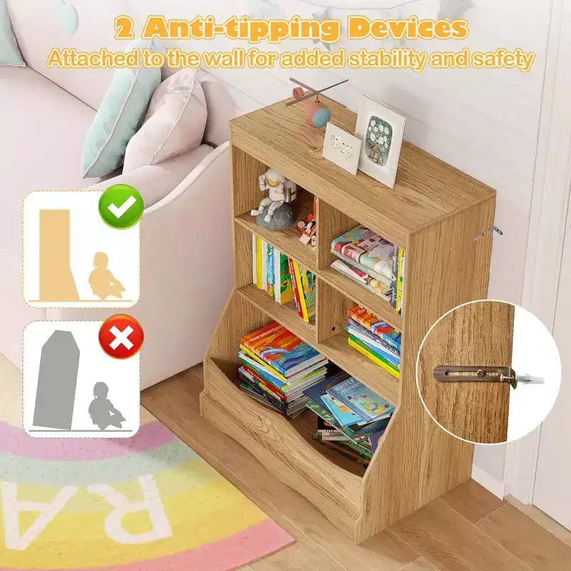 3-Tier Children's Multi-Functional Bookcase Toy Storage Bin Floor Cabinet Gray/White/Natural