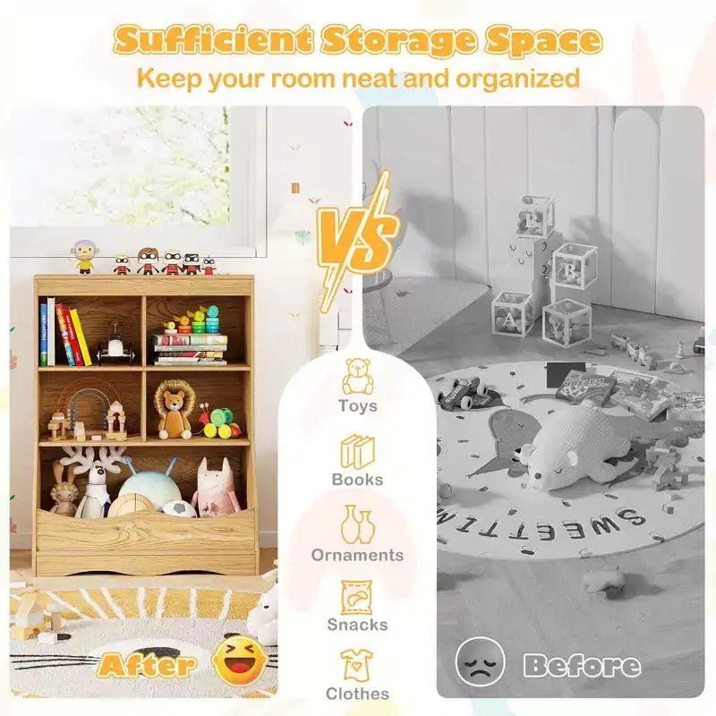 3-Tier Children's Multi-Functional Bookcase Toy Storage Bin Floor Cabinet Gray/White/Natural