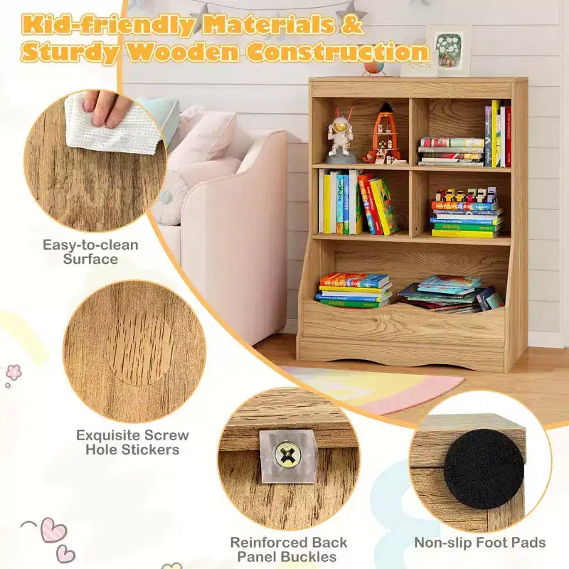 3-Tier Children's Multi-Functional Bookcase Toy Storage Bin Floor Cabinet Gray/White/Natural