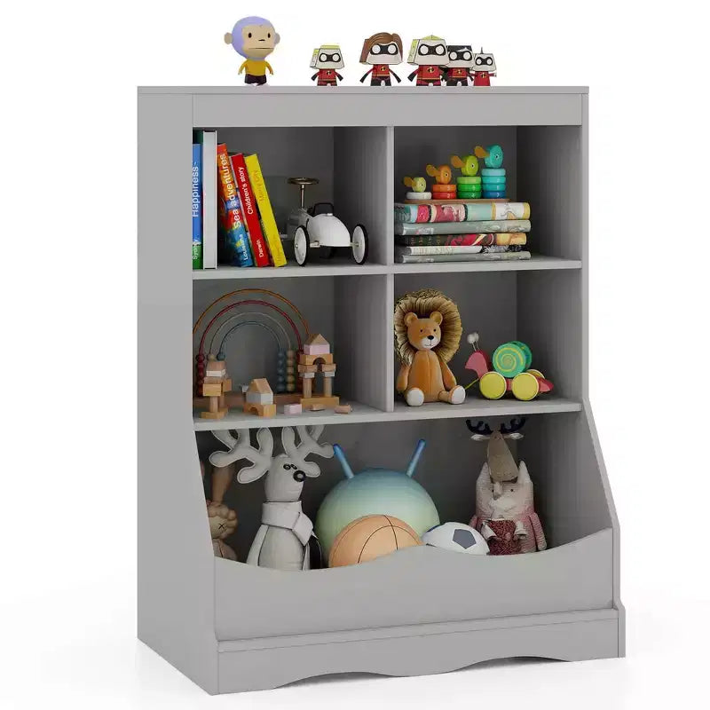 3-Tier Children's Multi-Functional Bookcase Toy Storage Bin Floor Cabinet Gray/White/Natural